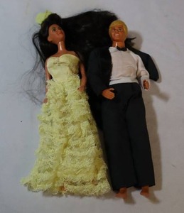 lot 57 image: 1968 Barbie Mattel Blonde Ken Doll wTuxedo Malaysia1966 Mattel Fashion Barbie Doll Black Hair Yellow Gown Tutu Crotched Dress China