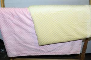 lot 79 image: Bulk Fabric Chenille-Style BabyButtSoft PinkWhite Checkered Swatch, YellowWhite Checkered Swatch.