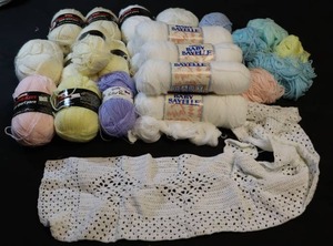 lot 120 image: Bulk Yarn By Cascade, Red Heart, Caron Baby Sayelle, Peter Pan Etc. wCrocheted Project Started