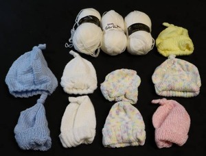 lot 124 image: (12) Hand-Made Knit Crocheted Pastel Baby Preemie American Doll Style-Size Beanie Winter HatYarn...