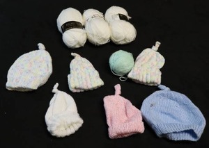 lot 125 image: (9) Hand-Made Knit Crocheted Pastel Baby Preemie American Doll Style-Size Beanie Winter HatYarn...