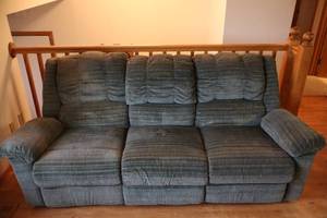 lot 300 image: Double Recliner Couch Sofa Blue Tweed-Style Fabric