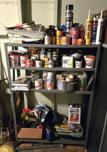 lot 103 image: Paint Supplies, Caulking, Wood Putty, Stains, & Shelf