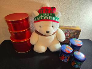 lot 151 image: 1986 Santa Bear with Decorative Bins and Tins