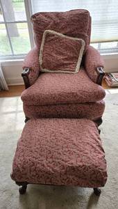 lot 192 image: Comfortable Upholstered Red Chair and Matching Ottoman with Carved Wood Feet