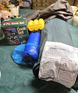 lot 202 image: Camping Supplies from Dome Tent by Greatland, pup tent & cooking items