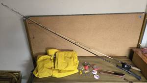 lot 238 image: Fishing Items--Filleting Knife, XL Rainsuit, Tackle, Fishing Rods