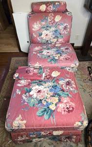lot 15 image: Beautiful Flowered Covered Chair With OttomanStool
