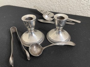 lot 14A image: Sterling Silver Candlesticks, Tongs, & Ladle Rest is Silver Plated