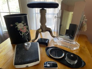 lot 52 image: Vintage Bathroom With Trash Can, Scale, Stool, Mirror and Dressing Tray