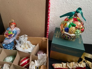 lot 293 image: WaterfordRadko & Other Vintage Ornaments Plus Stocking & Christmas Tree Tin Clips