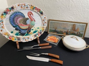 lot 337 image: Thanksgiving Entertaining With Turkey Platter, Carving Tools, and Picture