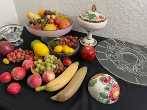 lot 311 image: Fruit Cake Plate, Bowls And Fake Fruit