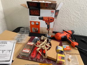 lot 312 image: Black & Decker 5.5 AMP Drill & Vintage Upholstery Set of Tools