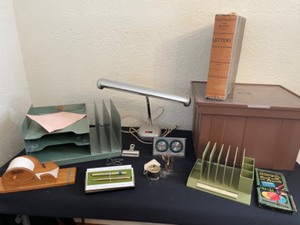 lot 321 image: Vintage Office Collection With Brass Postal Scale, Filing and Organizing