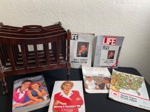 lot 73A image: Rare Finds of Kennedy Life Magazines (1963-1988) , Sears Catalog 1994, JC Penney 1996, Road Atlas  1986 and a Terrific Wooden Book Rack