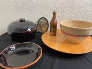 lot 98A image: Watt Ceramic Farmhouse Mixing Bowl With 75th Anniversary Pepsi cola S&P, Glazed Brown Drip Casserole & GH Spcialty Co Kitchen Turntable