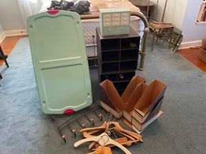 lot 322 image: Organizing Lot with Plastic Underbed Bin, Wooden Hangers, Shoe Racks, Book Bins