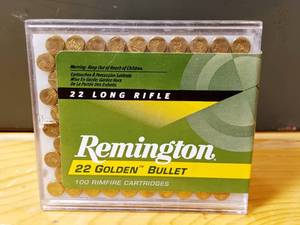 lot 44 image: Box of 100 Remington Golden Bullet Ammo .22 LR Rimfire Cartridges 40gr Plated Round Nose