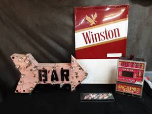 lot 73 image: Winston sign, Camel lighters, bar sign and jackpot slot bank