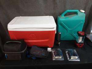 lot 82 image: Cooler, water jug, walkie talkies, lights and more