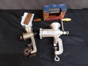 lot 83 image: 2 meat grinders and tri-hone knife sharpener
