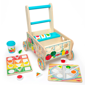 lot 159 image: Melissa & Doug Wooden Shape Sorting Grocery Cart Push Toy and Puzzles