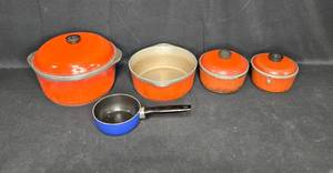 lot 88 image: Vintage Red Enamel Cookware Set - 4 Pieces Plus Blue Saucepan