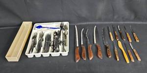 lot 102 image: Assortment of Kitchen Utensils and Knives - Silverware Set with Wooden Handled Knives