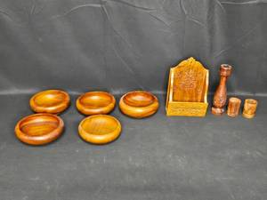 lot 106 image: Set of 5 Wooden Bowls with Decorated Wooden Stand and Candle Holders