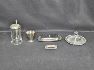 lot 108 image: Collection of 5 Vintage Silver and Glass Serving Items