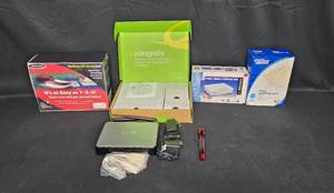 lot 117 image: Assorted Network and Office Supplies - DSL Gateway, Ethernet Hub, Greeting Cards