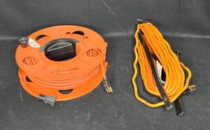 lot 126 image: Heavy-Duty Extension Cord on Reel with Additional Length of Orange Cord