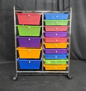 lot 20 image: Rolling Storage Cart with 12 Colorful Bins - Multi-Functional Organizer