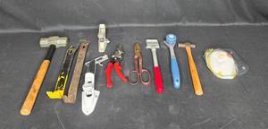 lot 27 image: Group of 11 Assorted Hand Tools including Hammers, Pliers, and Scissors