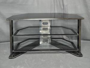 lot 31 image: Contemporary Black Glass and Metal TV Stand with Two Shelves