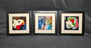 lot 43 image: Set of 3 Framed Colorful Artwork Mosaic Glass Designs of Women - Each 12 x 12
