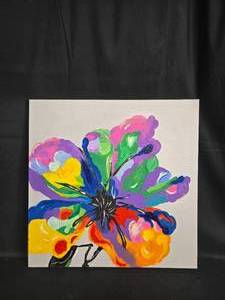 lot 53 image: Colorful Floral Acrylic Painting on Canvas - 24 x 24 Inches