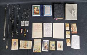 lot 169 image: Collection of Religious Items - Rosaries, Prayer Cards, and Booklet