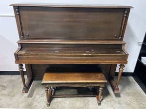 lot 1 image: VTG Harrison Upright Solid Wood Piano w Music in Bench