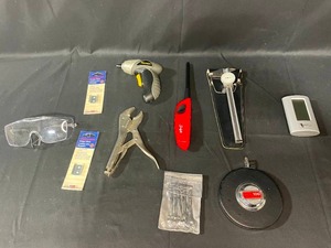 lot 76 image: Assortment of Tools, Measuring Tape, Drill, Safety Glasses & More