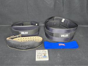 lot 67 image: Set of 3 Valeo Lifting Belts with Harbinger Support Belt and The Miracle Ball Method Book