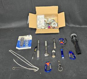 lot 157 image: Assortment of Tools and Hardware - Including Carabiners, Connectors, and More
