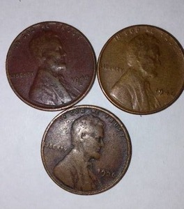 lot 383 image: Lincoln WHEAT One Cent Penny (3). Years 1936, 44,46