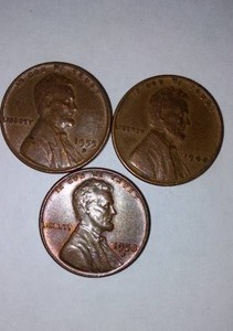 lot 396 image: Lincoln D WHEAT One Cent Penny (3). Years 1946,55,56.