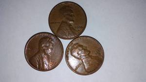 lot 398 image: Lincoln D WHEAT One Cent Penny (3). Years 1956,57,58.
