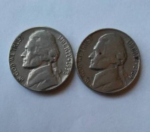 lot 411 image: Jefferson Five Cent Nickel (2). Years 1958,64.