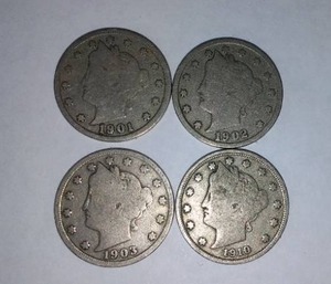lot 413 image: LIBERTY Head V Nickel (4). Years 1901,02,03,10