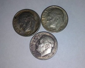 lot 420 image: Roosevelt Dime (3). Years 1957,64,68