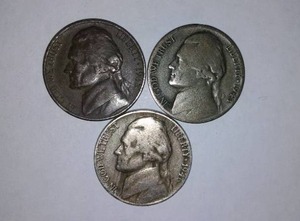 lot 948 image: Jefferson Silver Nickel (3) Years 1943,46,62.